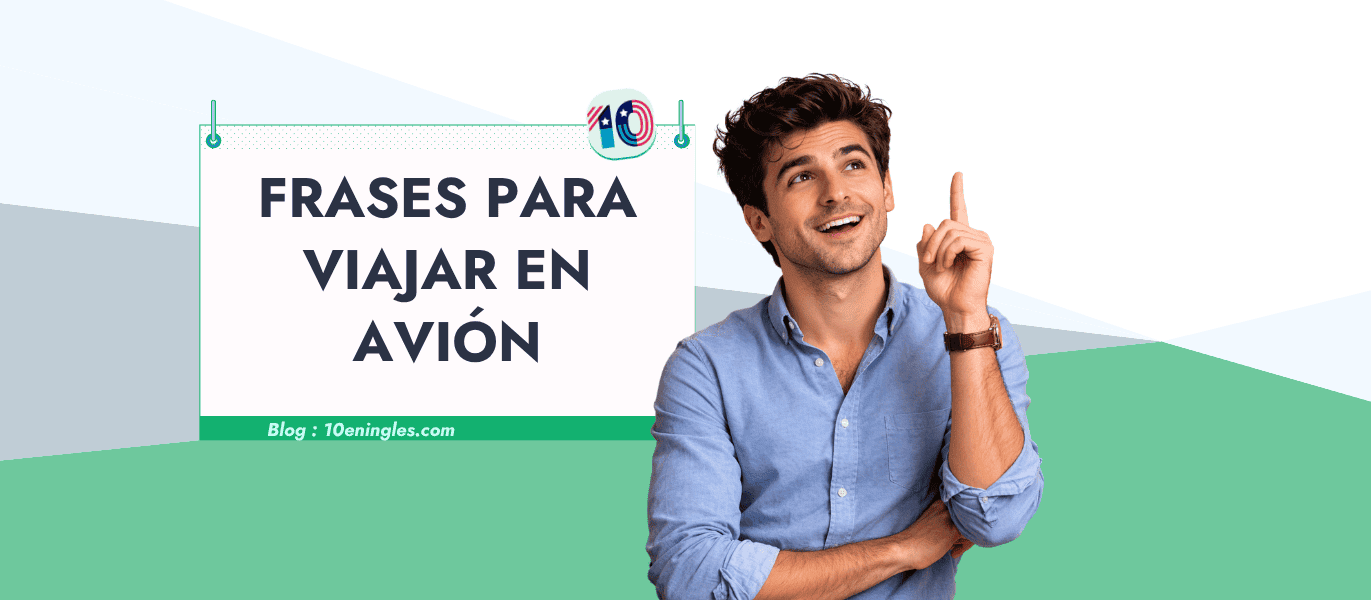 Hombre sonriente señalando un letrero con frases en inglés para viajar en avión.