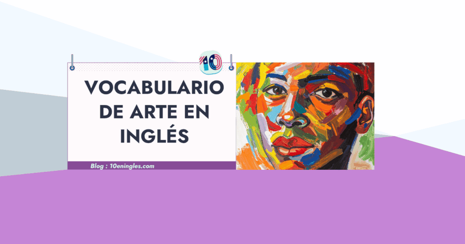 Ilustración colorida para la guía de vocabulario de arte en inglés, mostrando un retrato pintado al óleo con colores vivos.