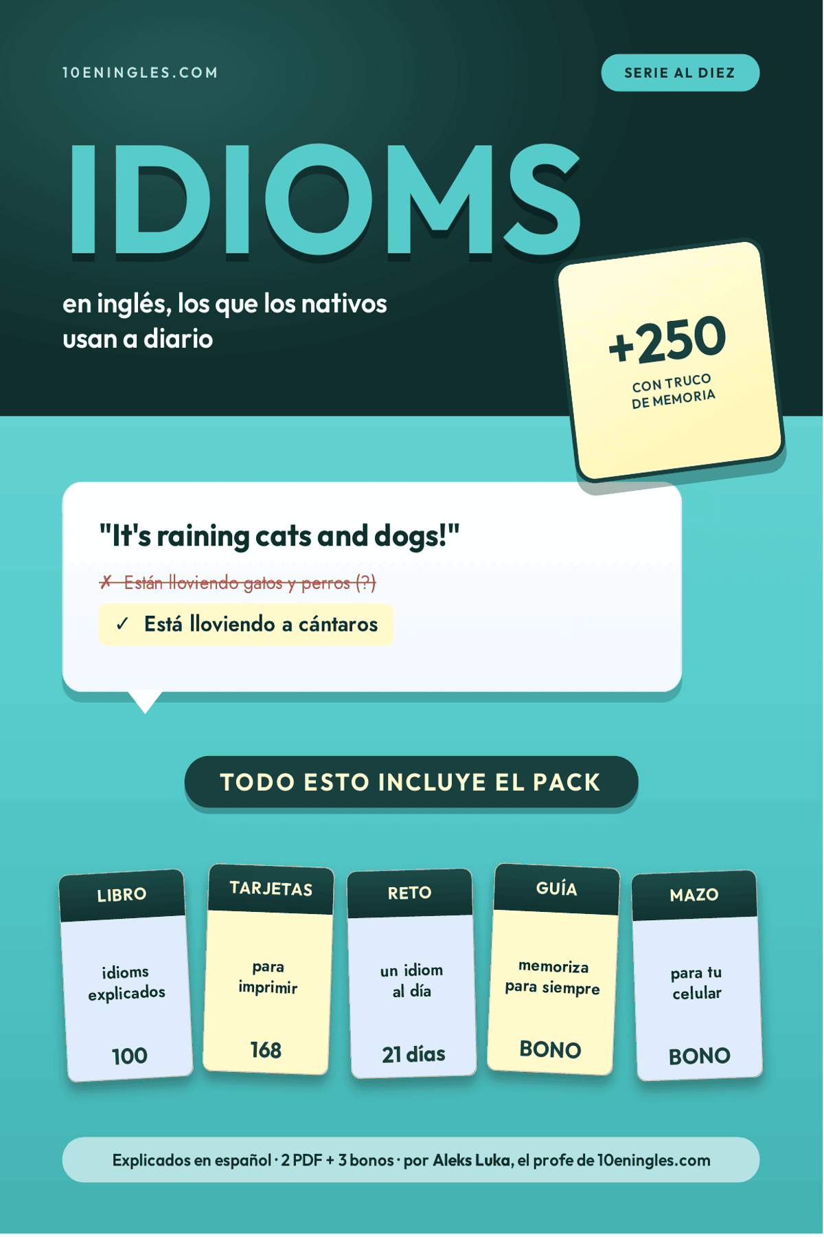 Portada del Pack Idioms Al Diez: más de 250 idioms en inglés explicados en español con truco de memoria