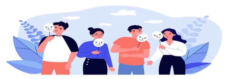 Depressed People Holding Fake Positive Masks