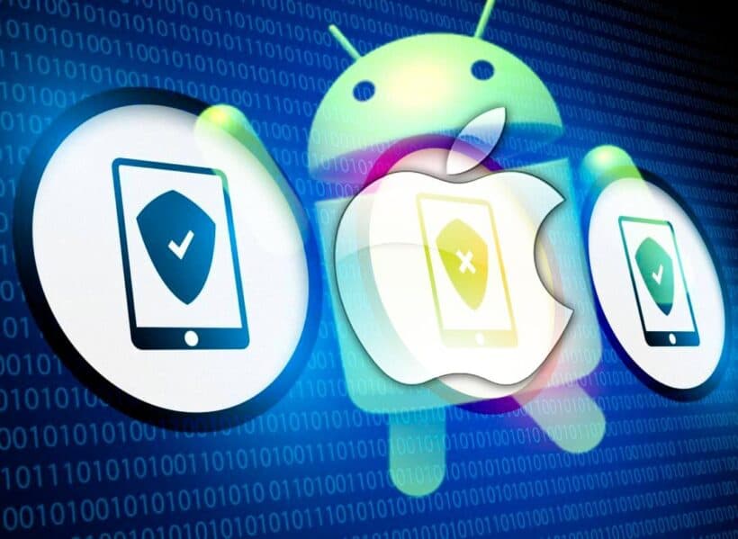 Comparativa de seguridad Android vs iOS: escudos con check y cruz sobre logos de Android y Apple con fondo de código binario