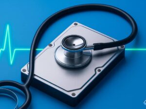 Un estetoscopio sobre un disco duro simbolizando la revisión del estado SMART para diagnosticar y prevenir fallos inminentes.