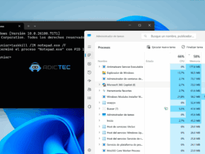 Cerrar un programa en Windows con el Símbolo del sistema y el Administrador de tareas abiertos en el escritorio