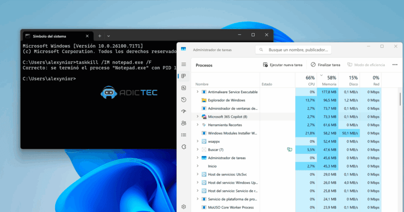 Cerrar un programa en Windows con el Símbolo del sistema y el Administrador de tareas abiertos en el escritorio
