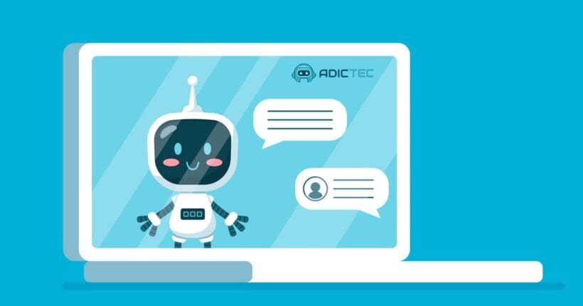 Robot de IA atendiendo a un cliente a través de un chat en un ordenador.