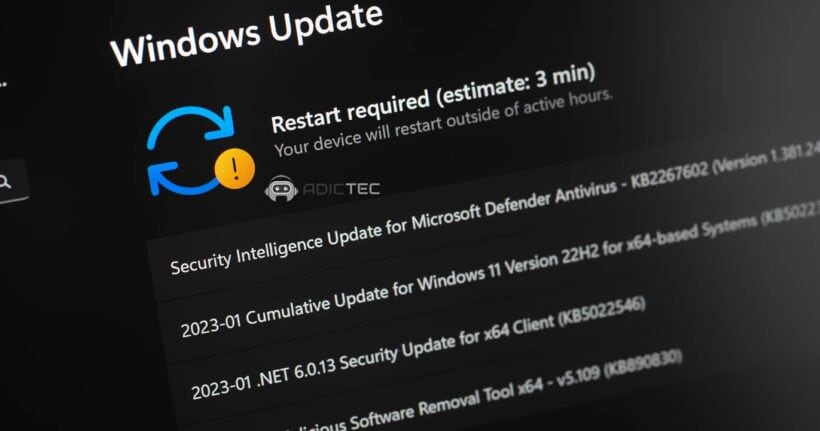 Captura de pantalla de la sección de actualizaciones de Windows, mostrando una lista de actualizaciones disponibles, incluyendo una advertencia de reinicio.