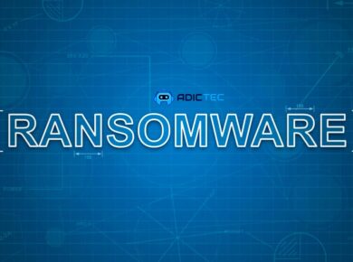 Imagen gráfica de la palabra "Ransomware" en letras blancas sobre un fondo azul de diseño técnico.
