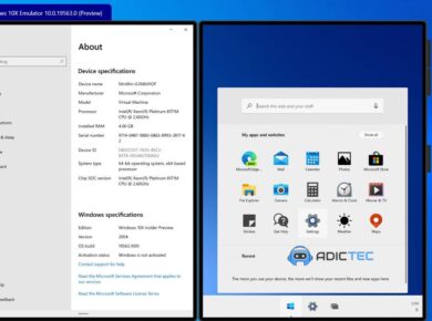 Captura de pantalla mostrando dos ventanas de un emulador de Windows 10 en un navegador web, una mostrando información del sistema y otra mostrando el menú de inicio.