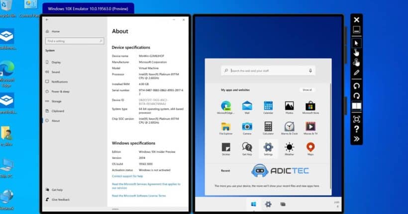 Captura de pantalla mostrando dos ventanas de un emulador de Windows 10 en un navegador web, una mostrando información del sistema y otra mostrando el menú de inicio.