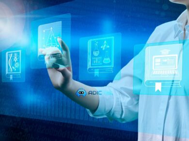 Una persona interactúa con una interfaz digital mostrando iconos de libros que representan diferentes áreas de la formación en Tecnologías de la Información y la Comunicación (TIC).