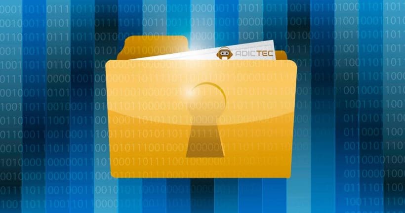 Ilustración gráfica de una carpeta dorada con un candado y un pequeño robot, sobre un fondo con código binario. Representa la seguridad y la gestión de archivos comprimidos.