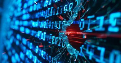 Una imagen abstracta muestra un código fuente digital azul fracturado, simbolizando un ataque de cracking informático.