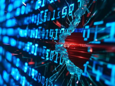 Una imagen abstracta muestra un código fuente digital azul fracturado, simbolizando un ataque de cracking informático.