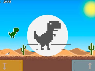 El dinosaurio del juego de Chrome saltando sobre un cactus en un paisaje desértico.