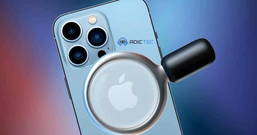 Un iPhone con una lupa superpuesta en la parte posterior, destacando el logotipo de Apple. La imagen sugiere la función de lupa del iPhone.