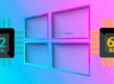Ilustración que muestra dos procesadores, uno de 32 bits y otro de 64 bits, junto al logo de Windows. La imagen representa la diferencia entre sistemas operativos de 32 y 64 bits.