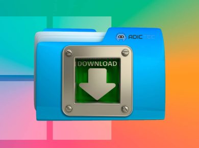 Una carpeta de descarga azul con el texto "DOWNLOAD" y una flecha hacia abajo en un botón metálico, sobre un fondo abstracto con colores de Windows.