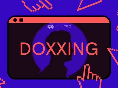 Ilustración digital con la silueta de una cabeza dentro de un círculo con la palabra "DOXXING" en primer plano, rodeada de cursores de ratón en un fondo morado.