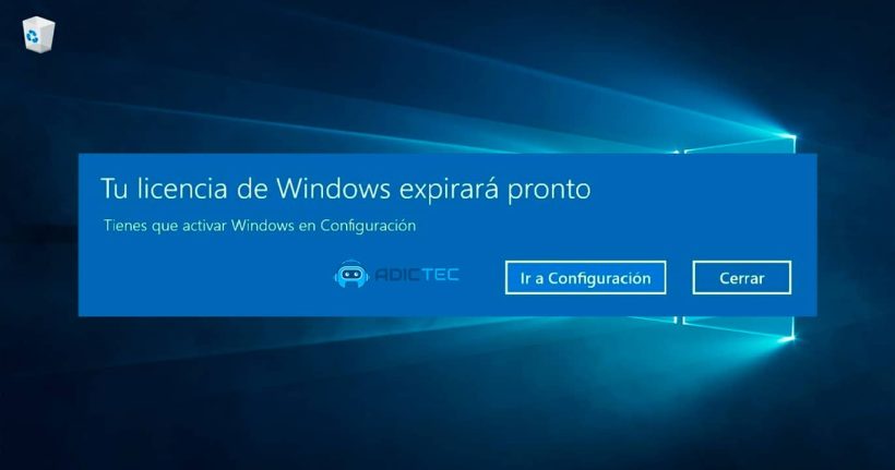 Mensaje de error de Windows indicando que la licencia expirará pronto. Opciones para ir a configuración o cerrar.