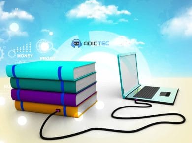 Ilustración digital con una pila de libros coloridos conectados a un portátil mediante un cable, sobre un fondo de nubes y elementos gráficos de negocios, que representa los mejores lectores de libros electrónicos gratuitos para PC.