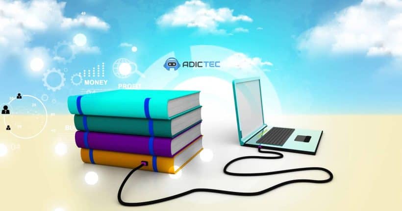 Ilustración digital con una pila de libros coloridos conectados a un portátil mediante un cable, sobre un fondo de nubes y elementos gráficos de negocios, que representa los mejores lectores de libros electrónicos gratuitos para PC.