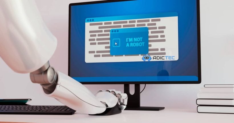 Brazo robótico interactuando con un CAPTCHA "No soy un robot" en una computadora, mostrando la tecnología anti-spam.