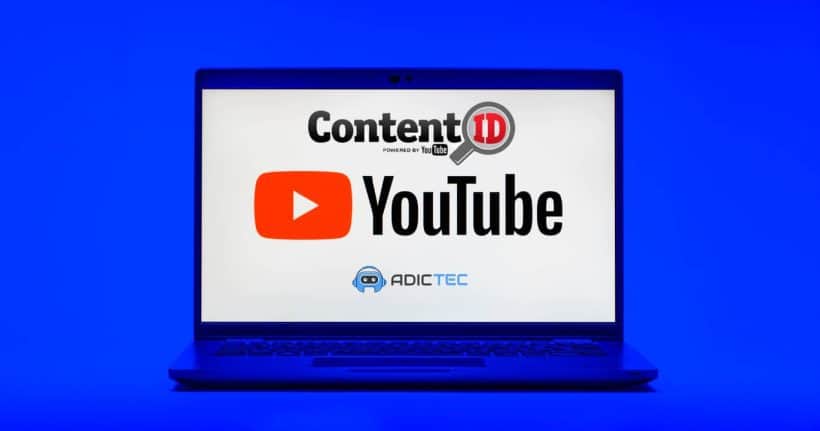 Laptop mostrando la pantalla con el logo de YouTube Content ID. Guía explicativa sobre qué es Content ID en YouTube.