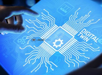 Manos tocando una pantalla digital iluminada con un diseño de circuito y el texto "Digital Twin" junto a un chip, simbolizando la tecnología de gemelos digitales y la conectividad.