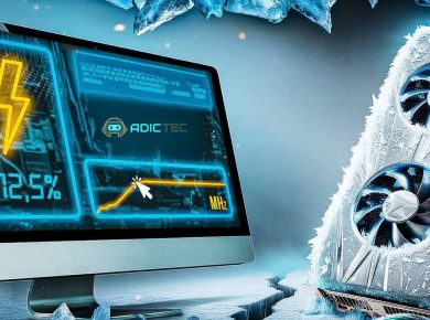 Imagen conceptual de un monitor mostrando estadísticas de energía y frecuencia, junto a una tarjeta gráfica congelada, ilustrando los beneficios del undervolting.