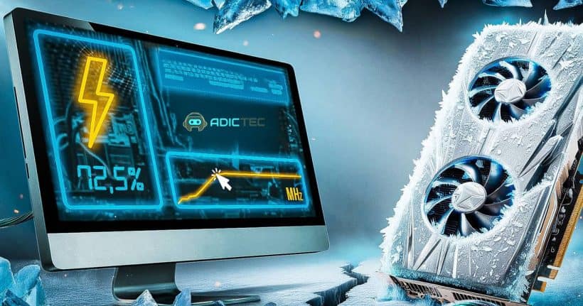 Imagen conceptual de un monitor mostrando estadísticas de energía y frecuencia, junto a una tarjeta gráfica congelada, ilustrando los beneficios del undervolting.