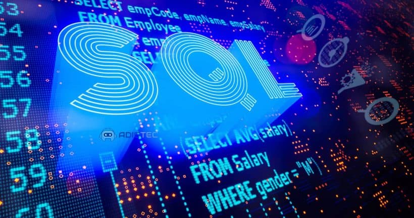 Imagen abstracta con el término "SQL" en 3D, superpuesto a un fondo con código SQL y gráficos de datos.