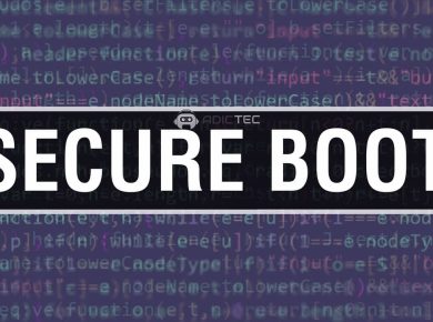 Imagen con el texto "SECURE BOOT" en blanco sobre un fondo de código fuente. El logo de Adictec se encuentra en la parte superior central.