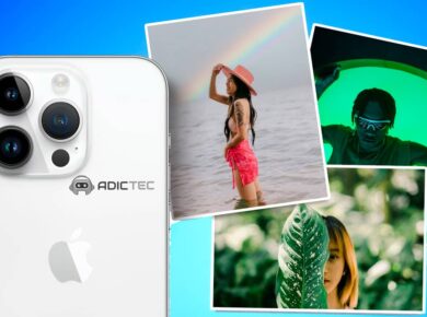 Descubre cómo hacer un collage en iPhone. Imagen con iPhone y varias fotos creativamente dispuestas.