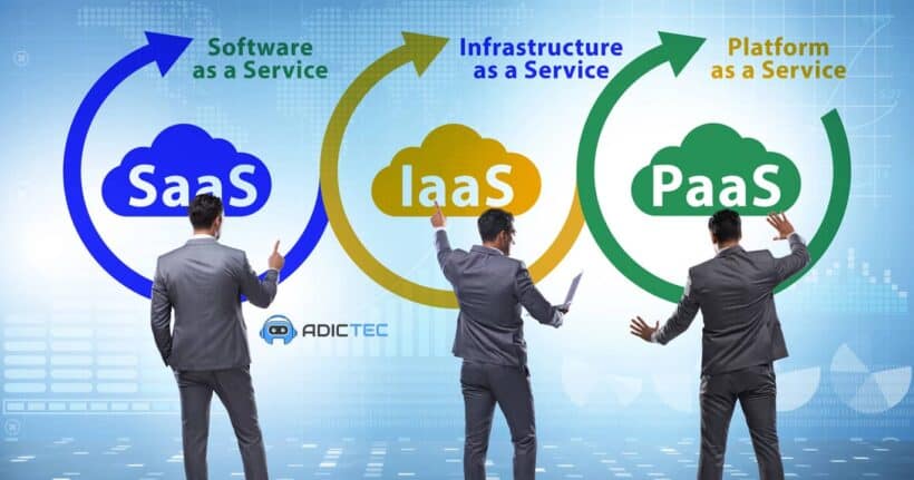 Tres hombres de negocios interactúan con una pantalla que muestra los modelos de nube IaaS, PaaS y SaaS, destacando sus diferencias.