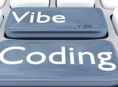 Imagen de un teclado con las teclas "Vibe" y "Coding" resaltadas. Post sobre Vibe Coding y la opinión de profesionales de TI.