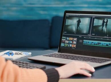 Primer plano de una de las mejores laptops para edición de vídeo, con un software profesional de postproducción abierto.