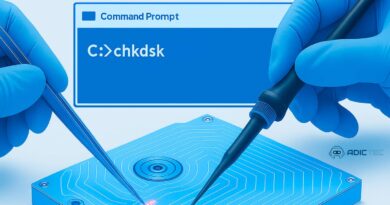 Ilustración de la reparación de un disco duro usando el comando chkdsk para corregir errores y sectores dañados.