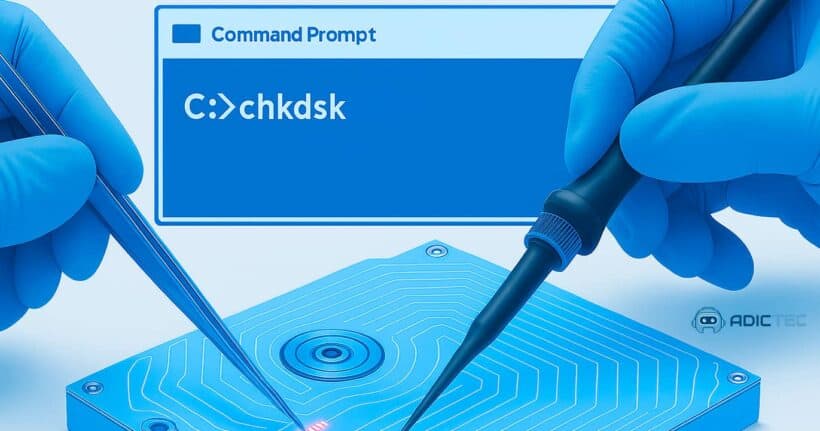 Ilustración de la reparación de un disco duro usando el comando chkdsk para corregir errores y sectores dañados.