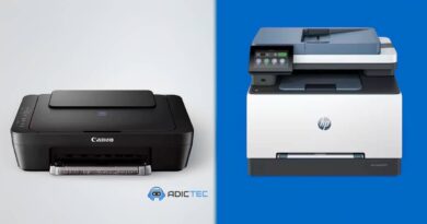 Comparativa visual entre una impresora de tinta Canon negra y una impresora láser HP blanca para decidir cuál comprar.