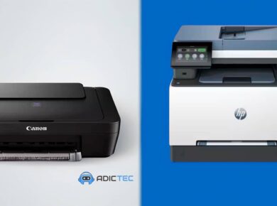 Comparativa visual entre una impresora de tinta Canon negra y una impresora láser HP blanca para decidir cuál comprar.