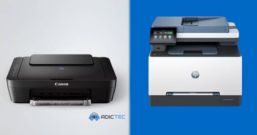Comparativa visual entre una impresora de tinta Canon negra y una impresora láser HP blanca para decidir cuál comprar.