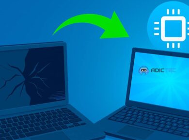 Ilustración comparativa del proceso de repotenciar una laptop: transformar un equipo lento o dañado en uno rápido y optimizado