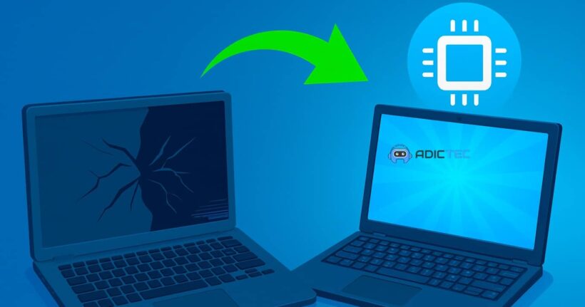 Ilustración comparativa del proceso de repotenciar una laptop: transformar un equipo lento o dañado en uno rápido y optimizado