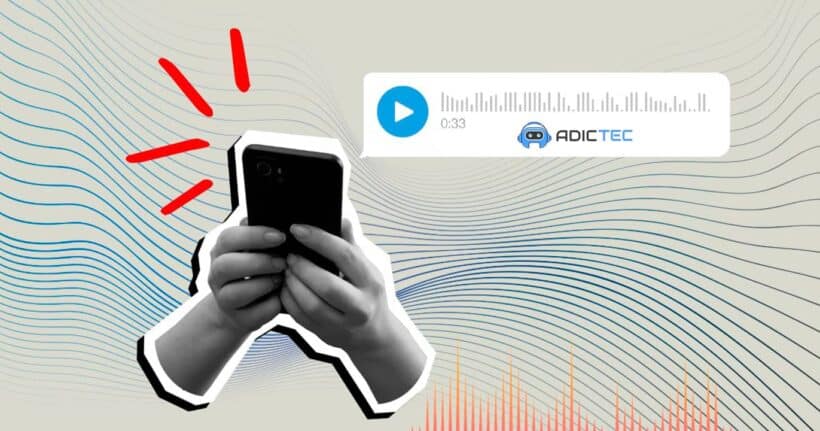 Manos sosteniendo un smartphone junto a un mensaje de audio en reproducción, ilustrando cómo grabar llamadas en iPhone