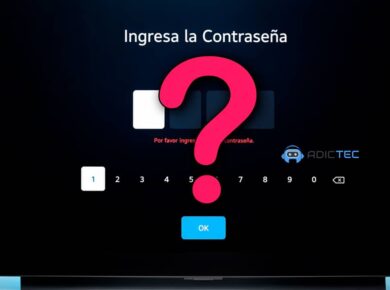 Pantalla de una TV LG bloqueada que pide la contraseña, con un gran signo de interrogación sobre el teclado