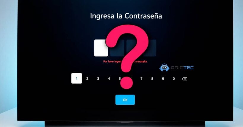 Pantalla de una TV LG bloqueada que pide la contraseña, con un gran signo de interrogación sobre el teclado