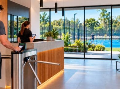 Acceso con celular en la portería de un club deportivo, donde un software para clubes deportivos registra cada entrada
