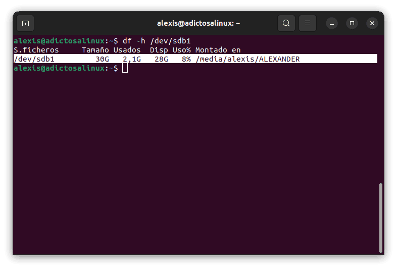 Ejemplo de df con directorio especificado explícitamente