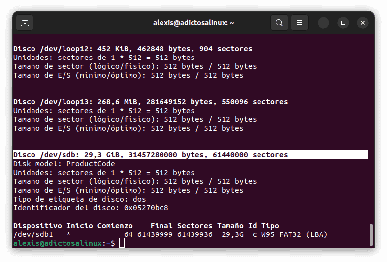 Información de disco USB y terminal
