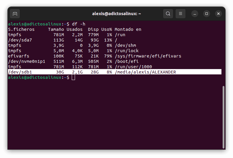 Tamaño de la partición y espacio utilizado en Terminal Linux